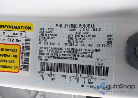 2025 Ford Bronco Sport Big Bend z USA, uszkodzony, nr VIN 3FMCR9BN6SRF53248